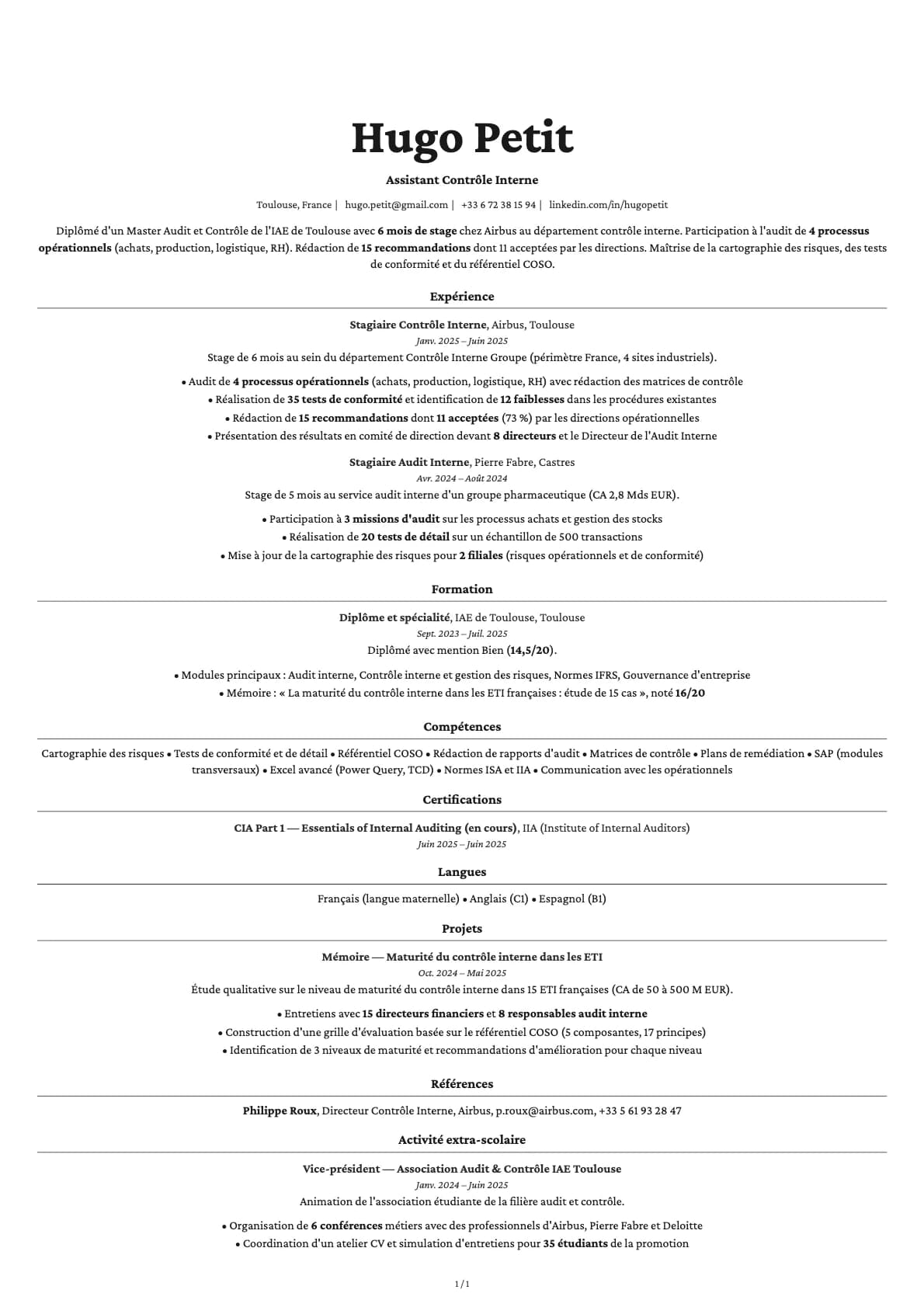 Assistant Contrôle Interne resume example