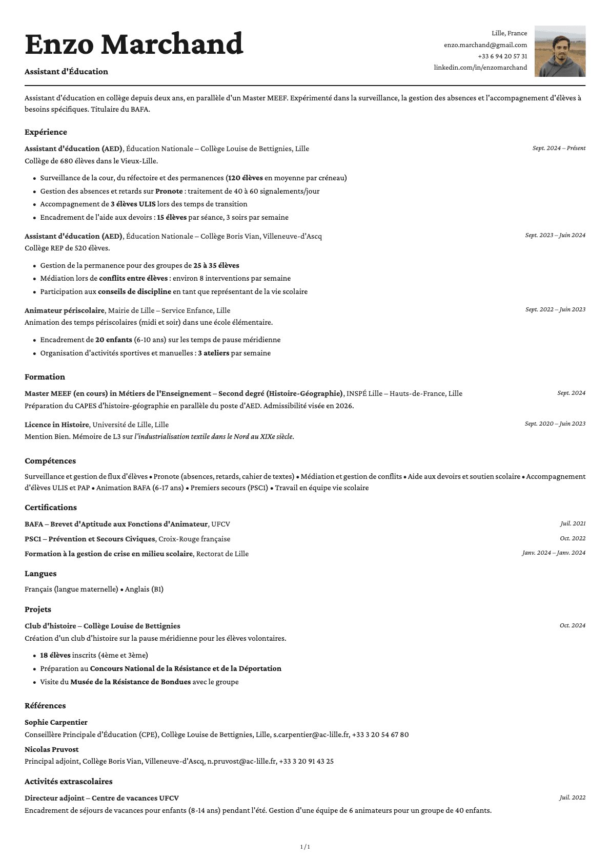 Assistant d'Éducation resume example