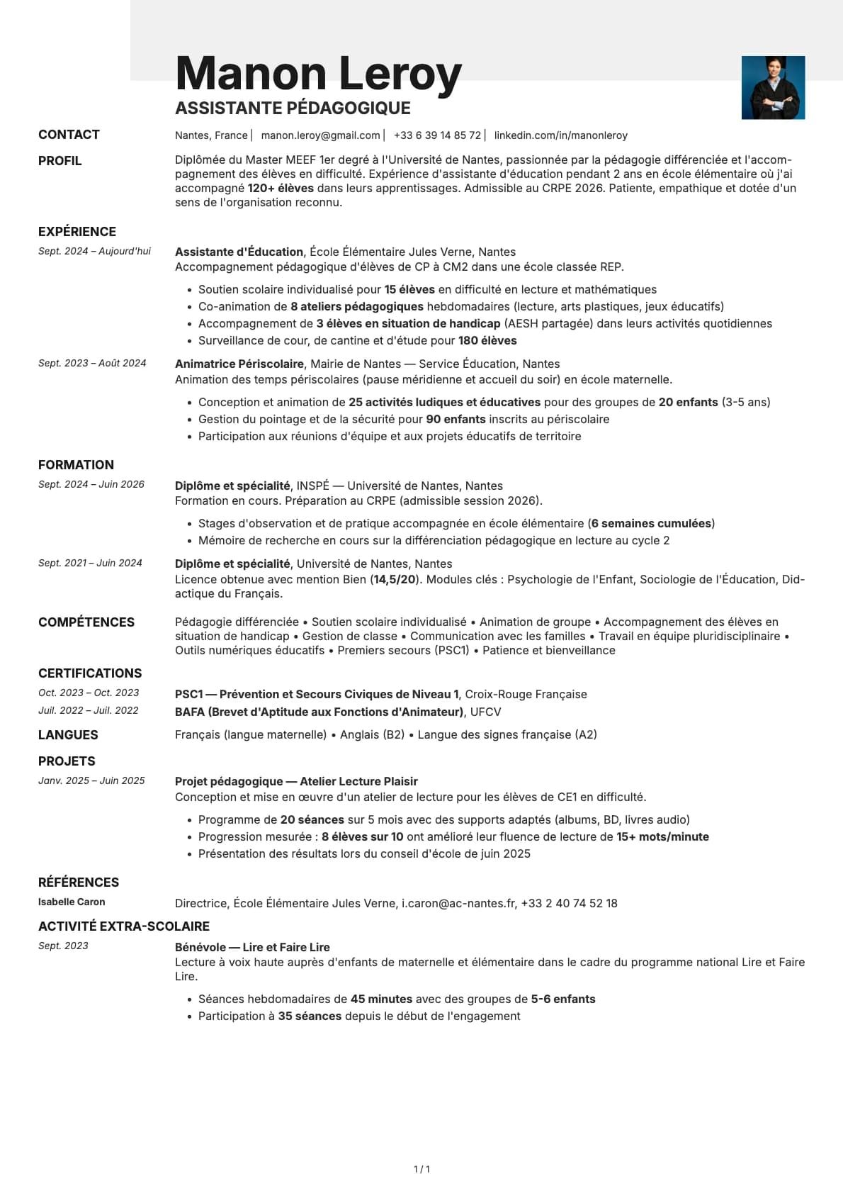Assistant Pédagogique resume example