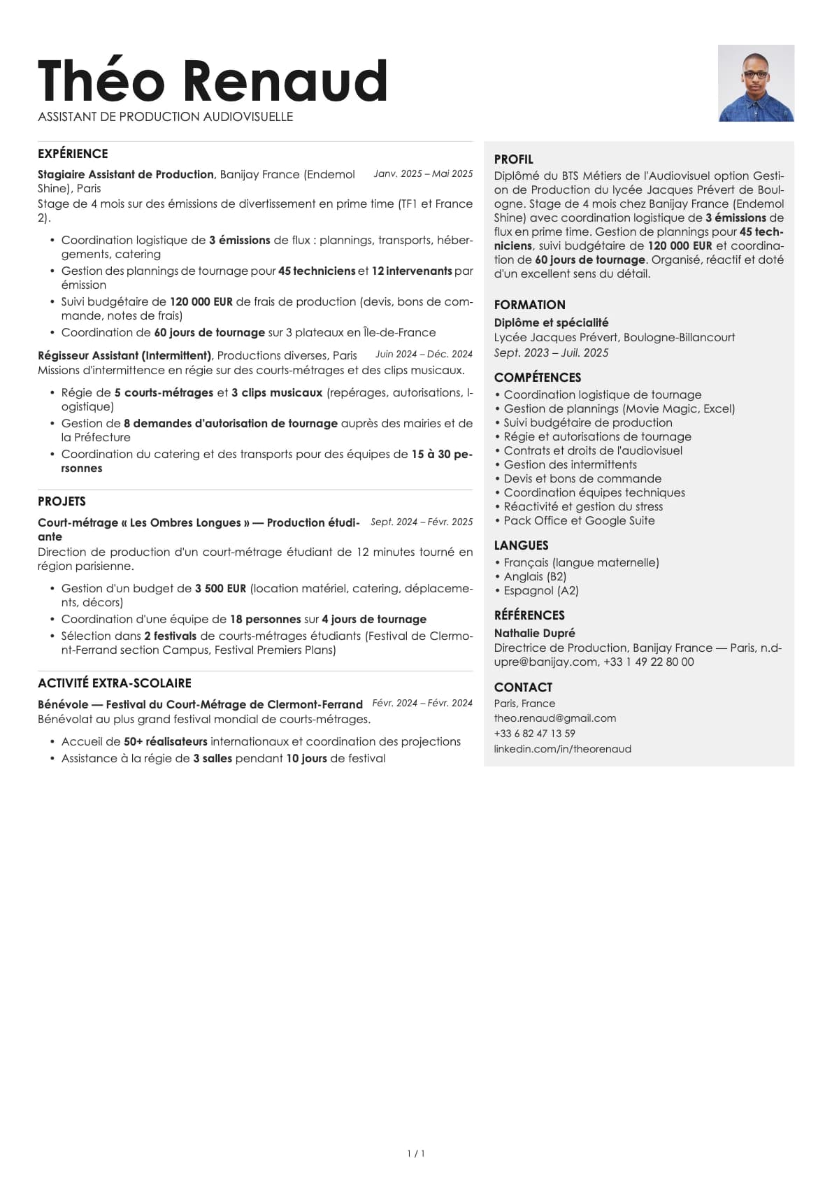 Assistant de Production Audiovisuelle resume example