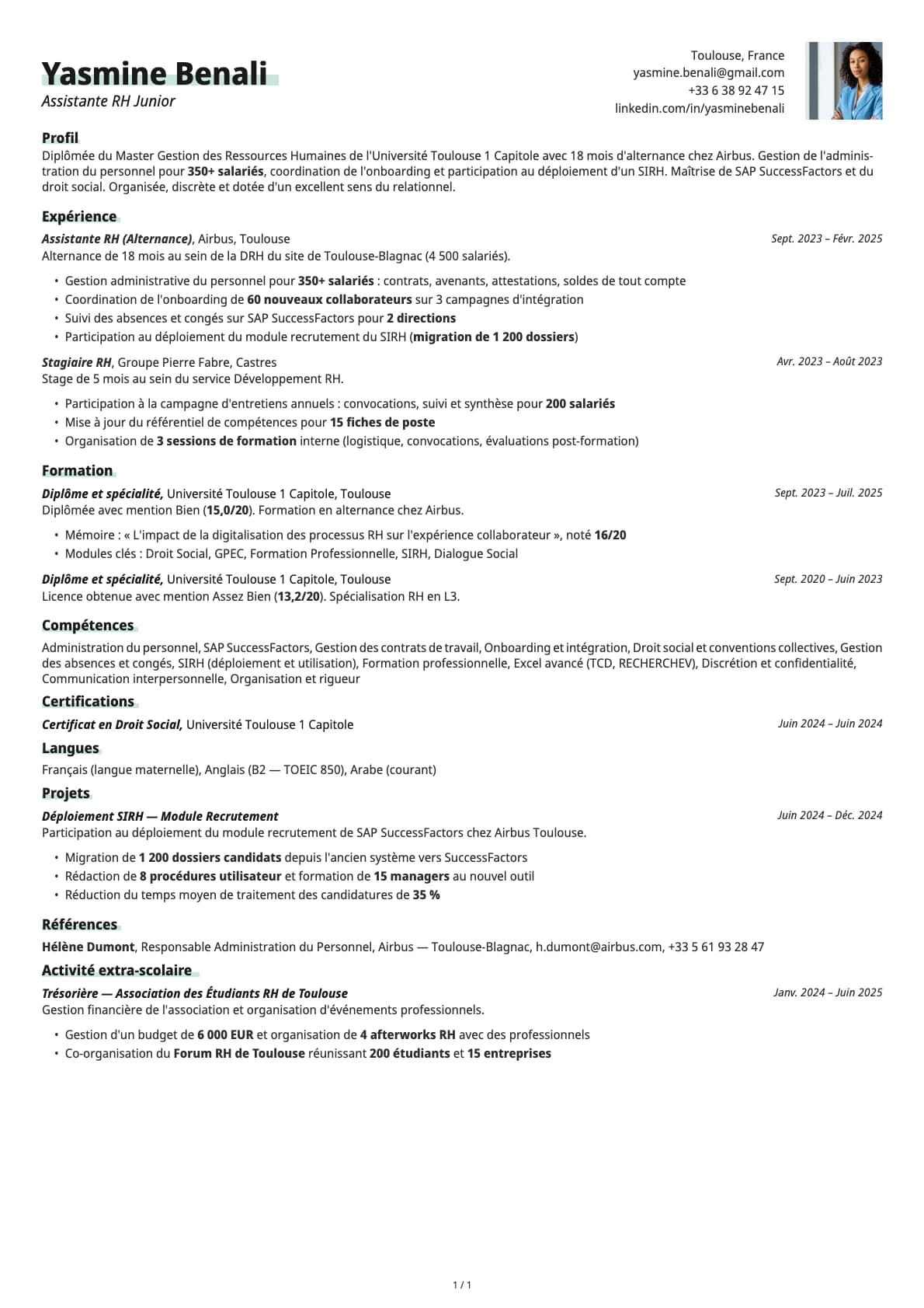 Assistant RH Junior resume example