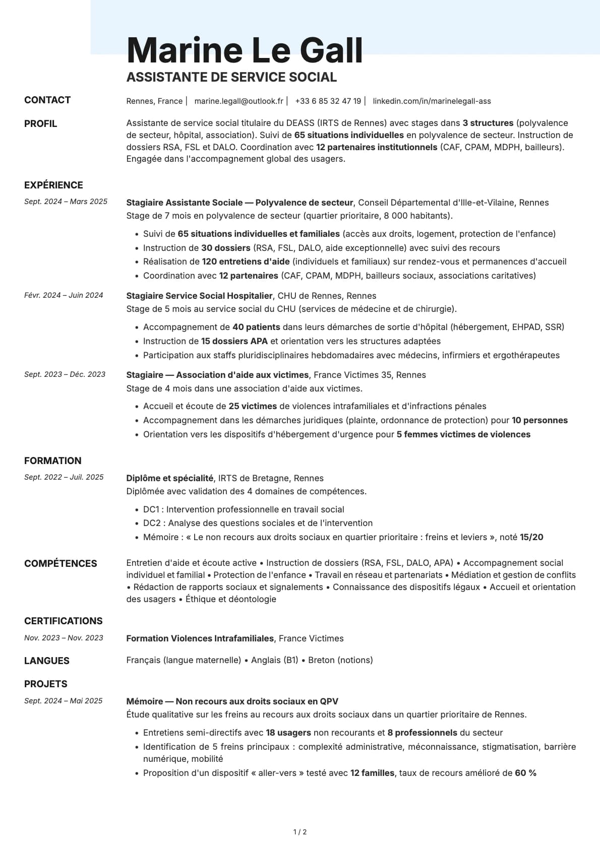 Assistant Social Débutant resume example
