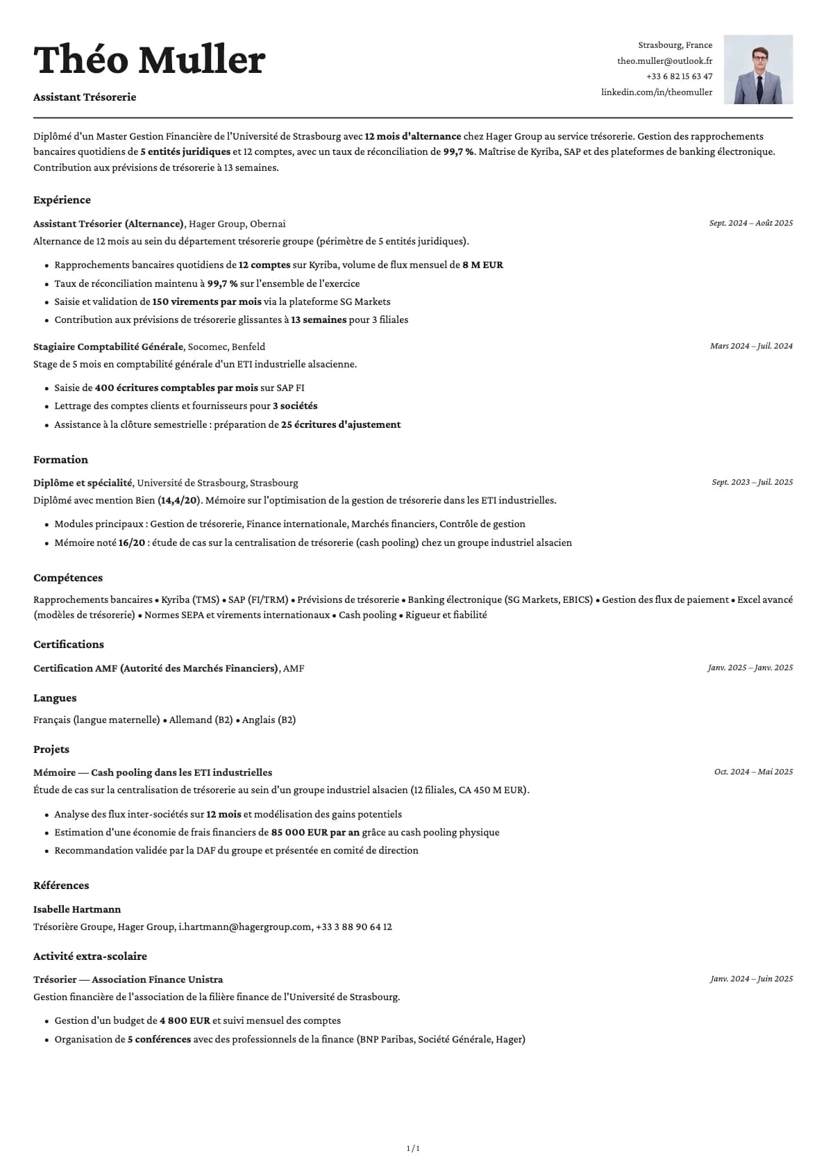 Assistant Trésorerie resume example
