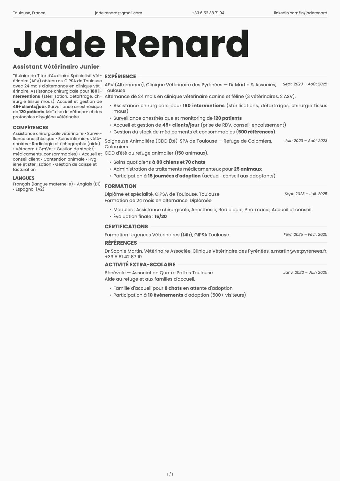 Assistant Vétérinaire Junior resume example