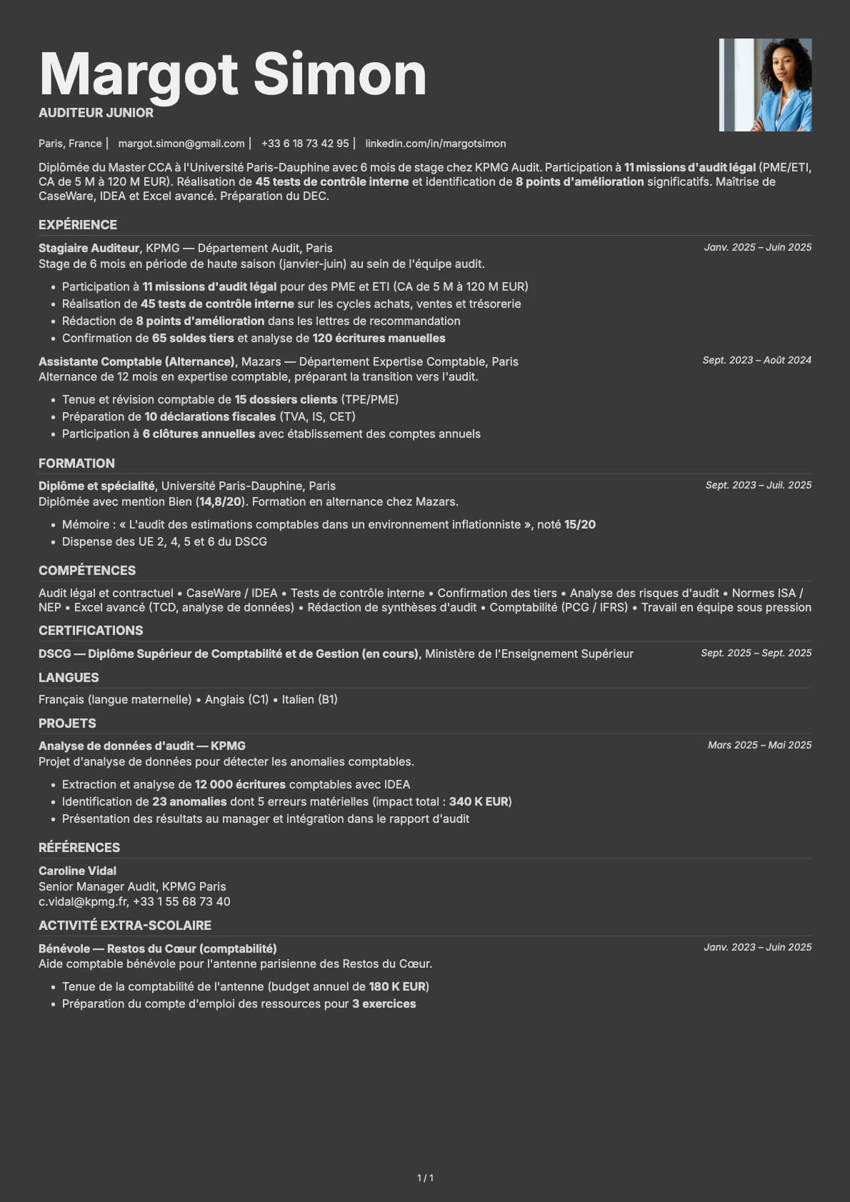 Auditeur Junior resume example