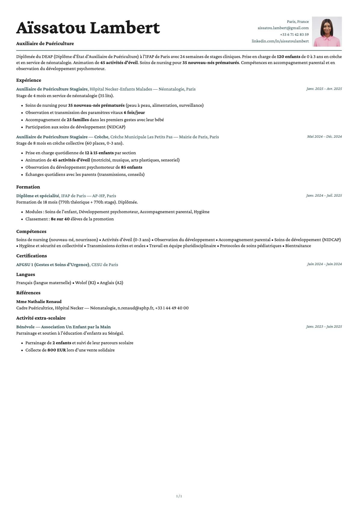Auxiliaire de Puériculture resume example
