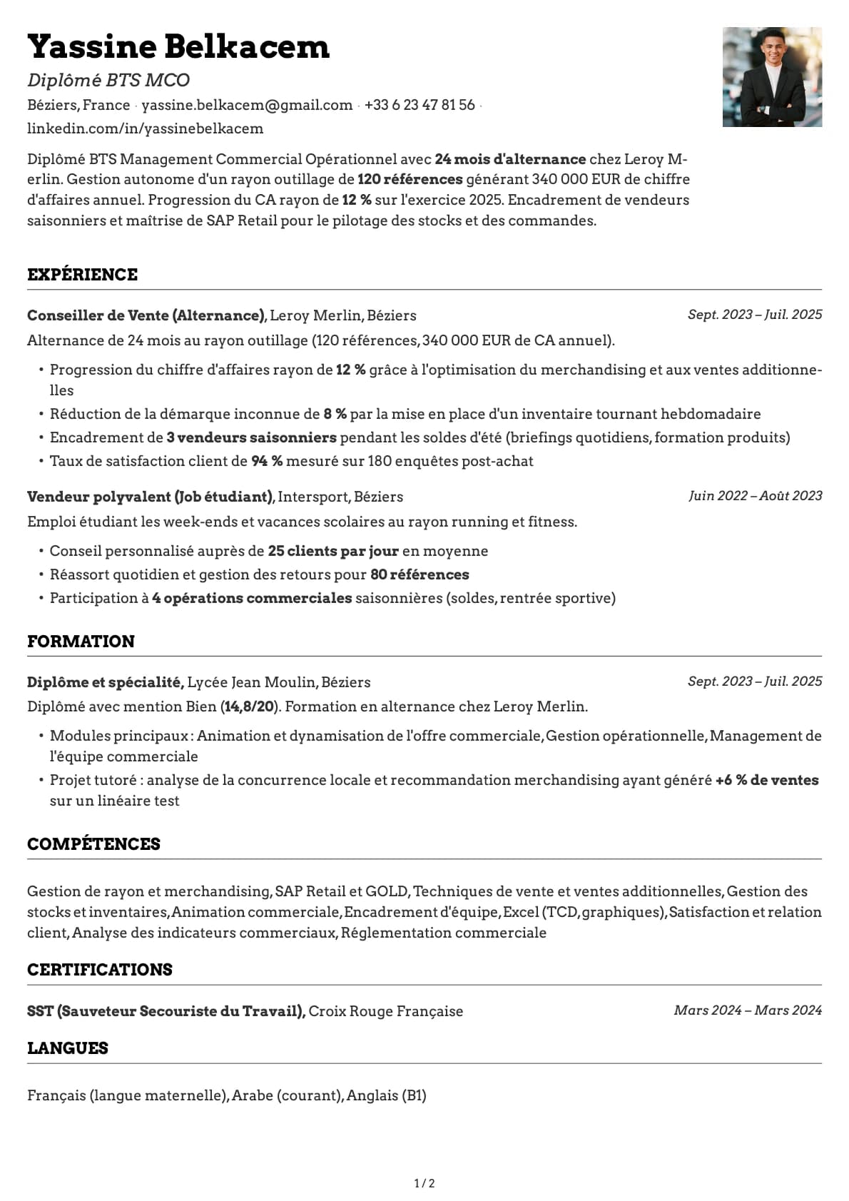 BTS MCO Diplômé resume example