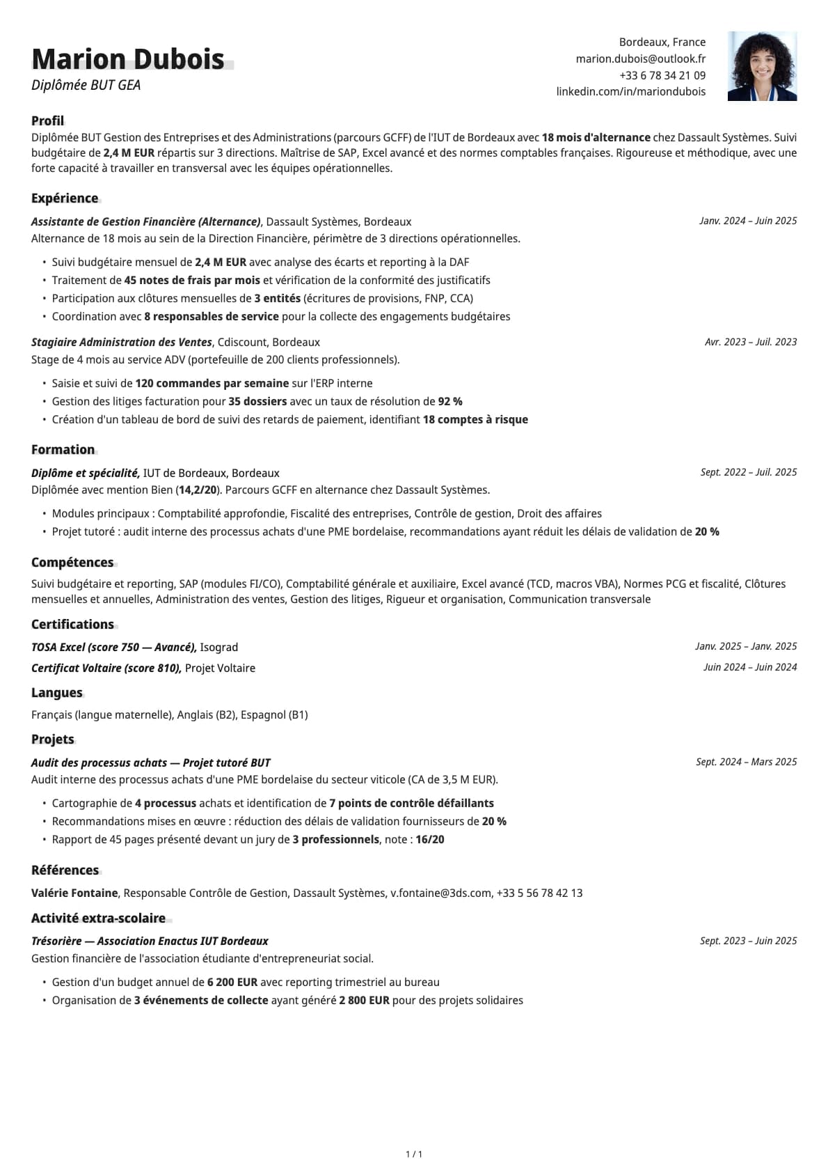 BUT GEA Diplômé resume example