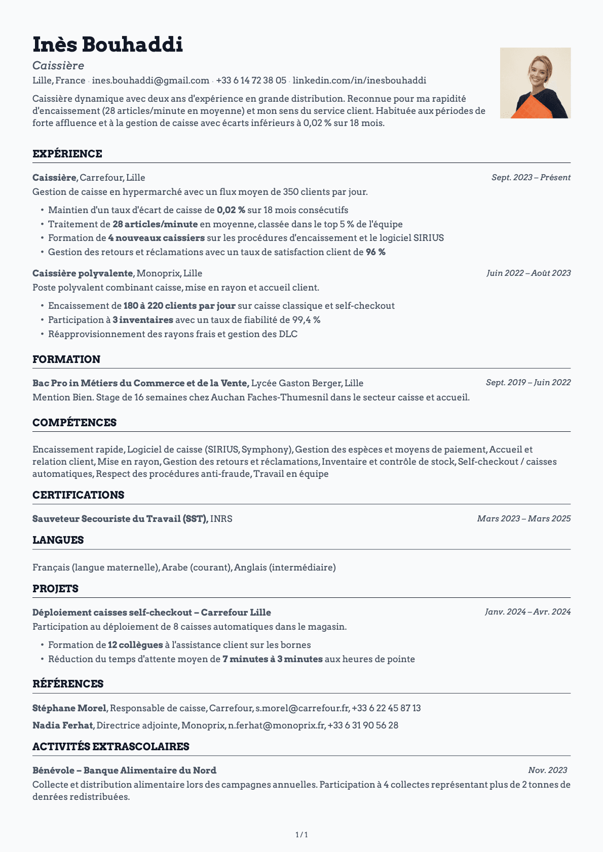 Caissier / Caissière resume example