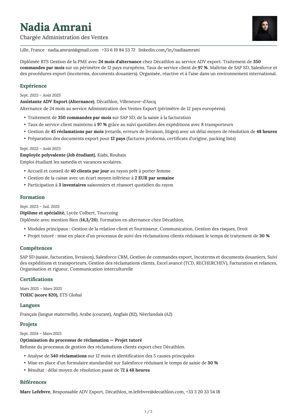 Chargé Administration des Ventes resume example