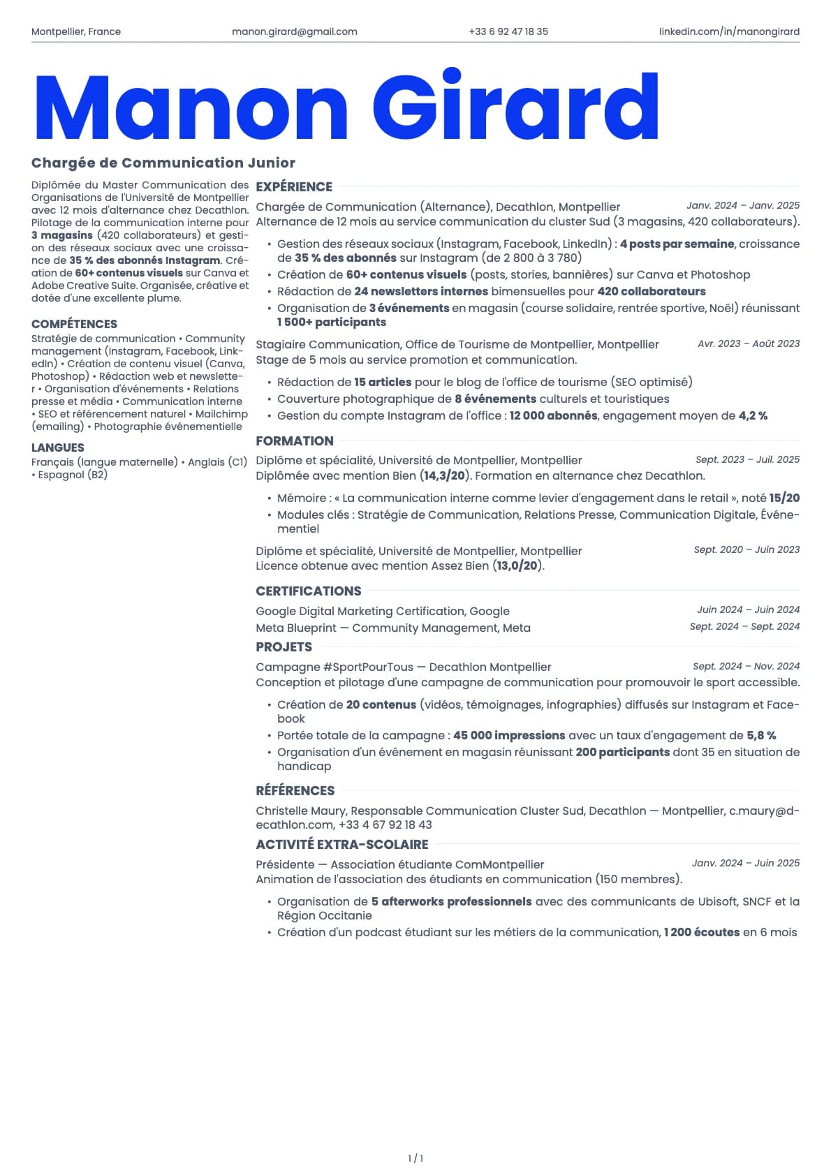 Chargé de Communication Junior resume example