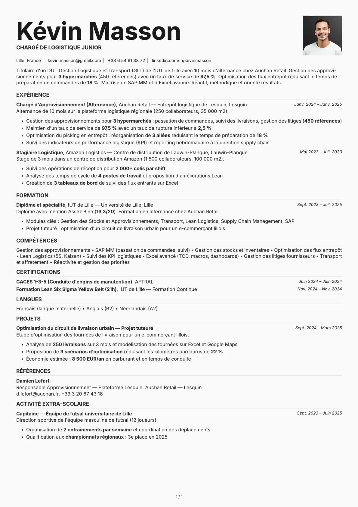 Chargé de Logistique Junior resume example