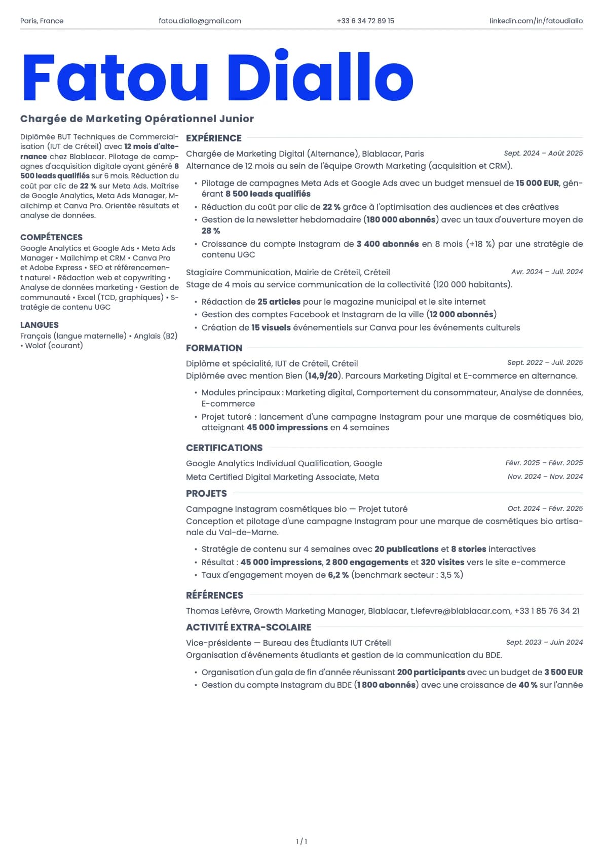 Chargé de Marketing Opérationnel Junior resume example