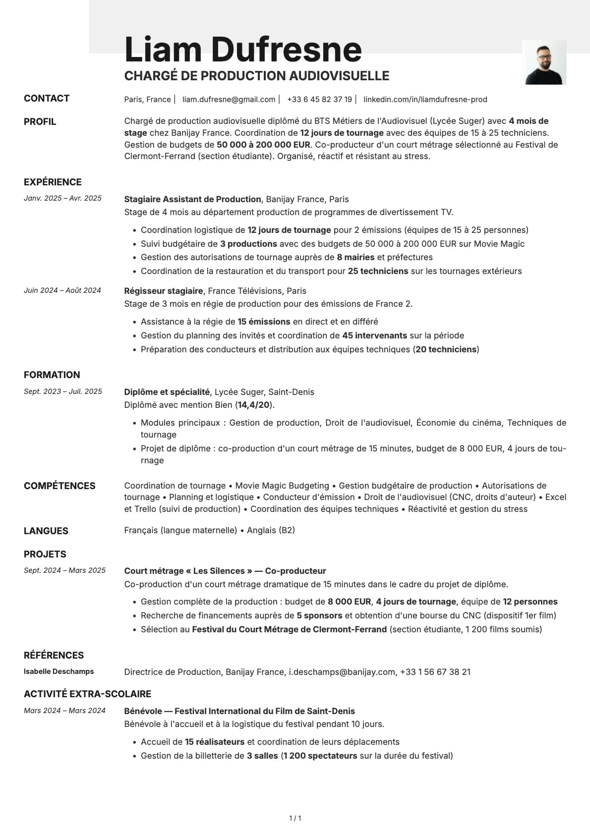 Chargé de Production Audiovisuelle resume example