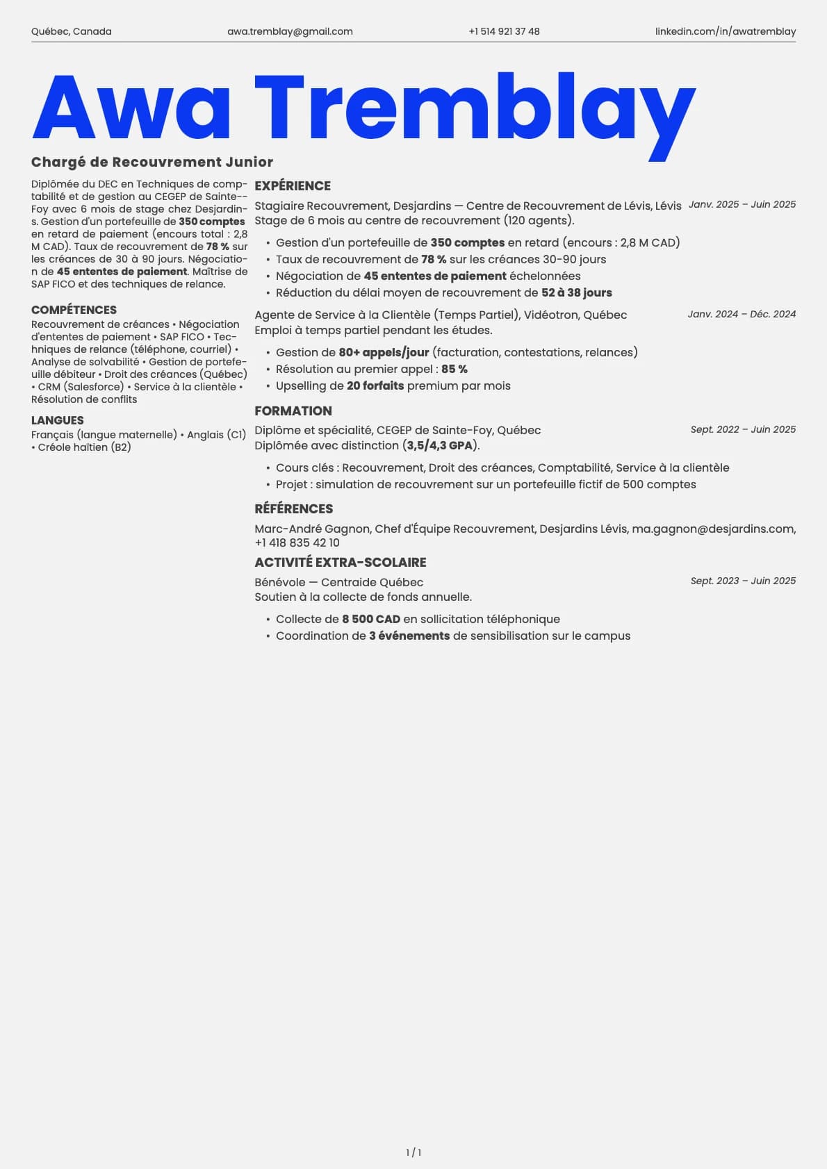 Chargé de Recouvrement Junior resume example