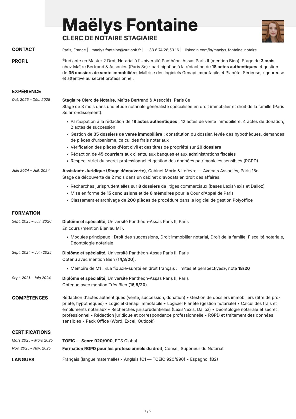 Clerc de Notaire Stagiaire resume example