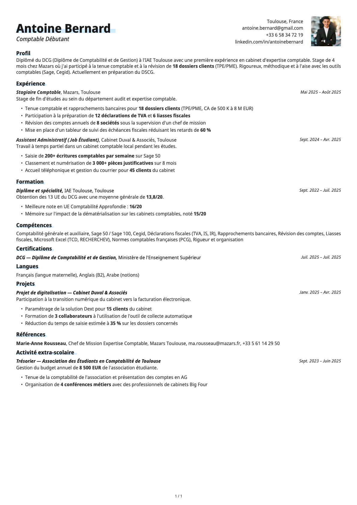 Comptable Débutant resume example