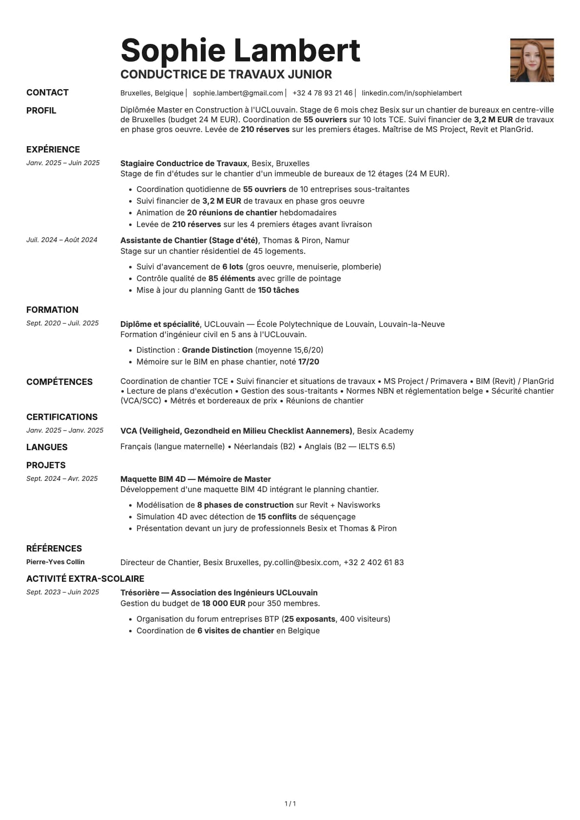Conductrice de Travaux Junior resume example