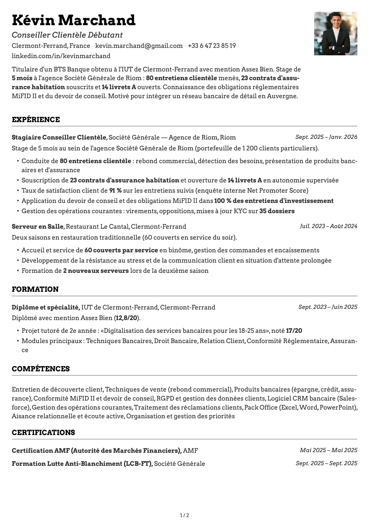 Conseiller Clientèle Débutant resume example