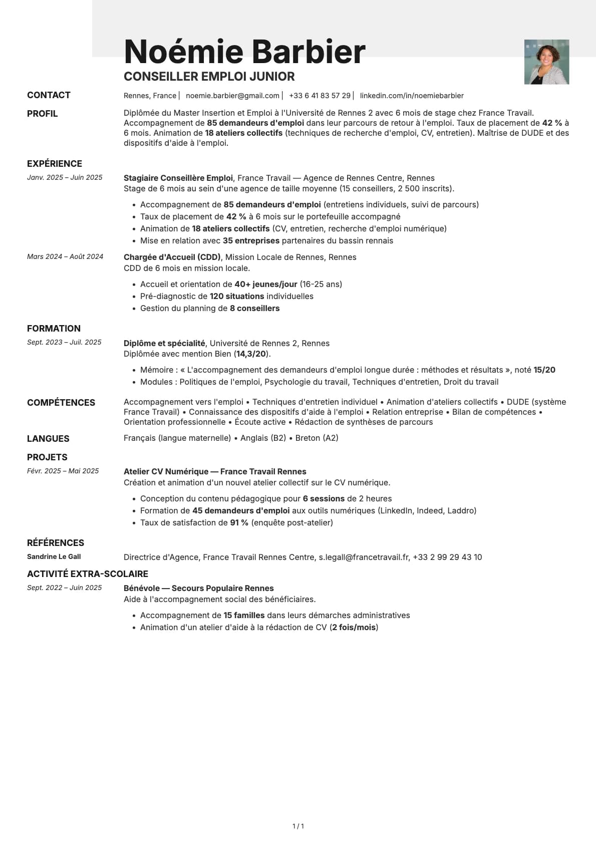 Conseiller Emploi Junior resume example