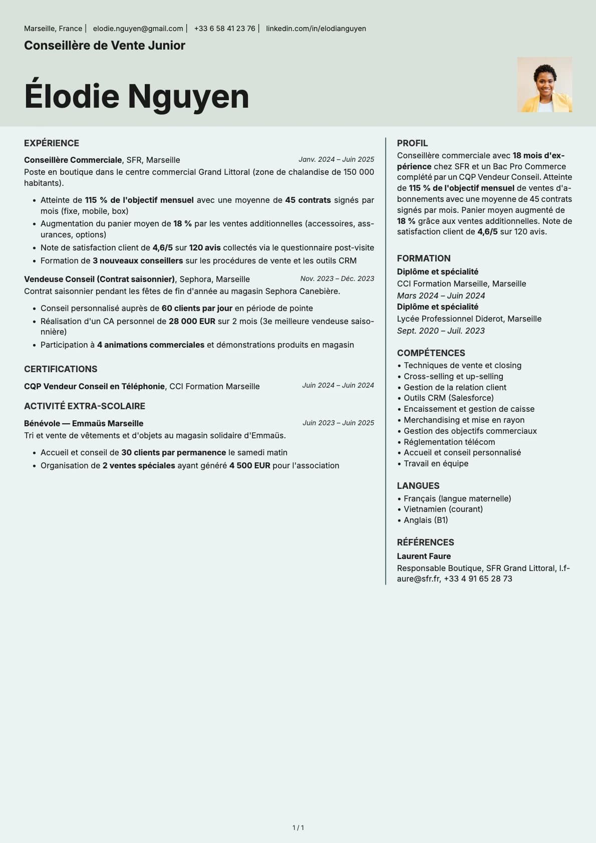 Conseiller Vente Junior resume example