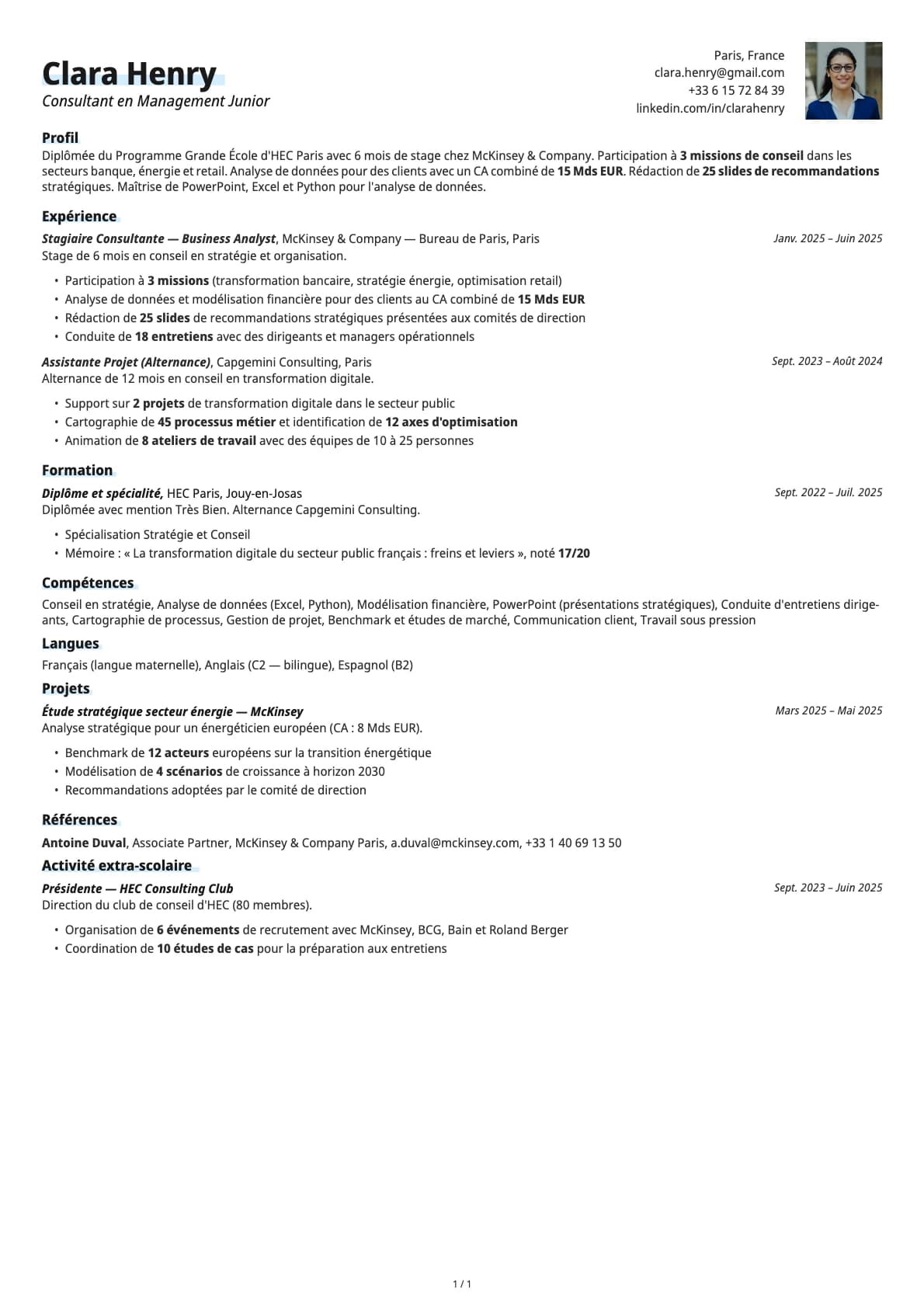 Consultant en Management Junior resume example