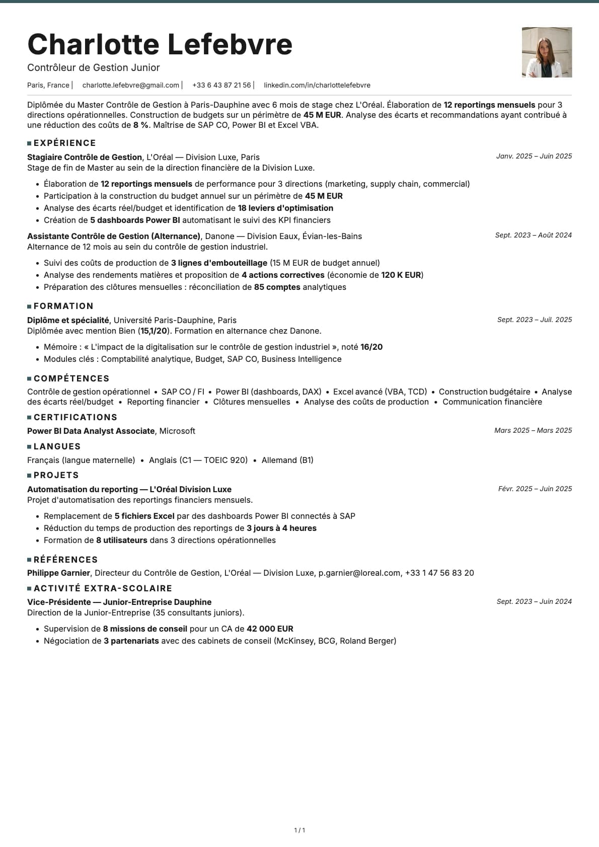 Contrôleur de Gestion Junior resume example