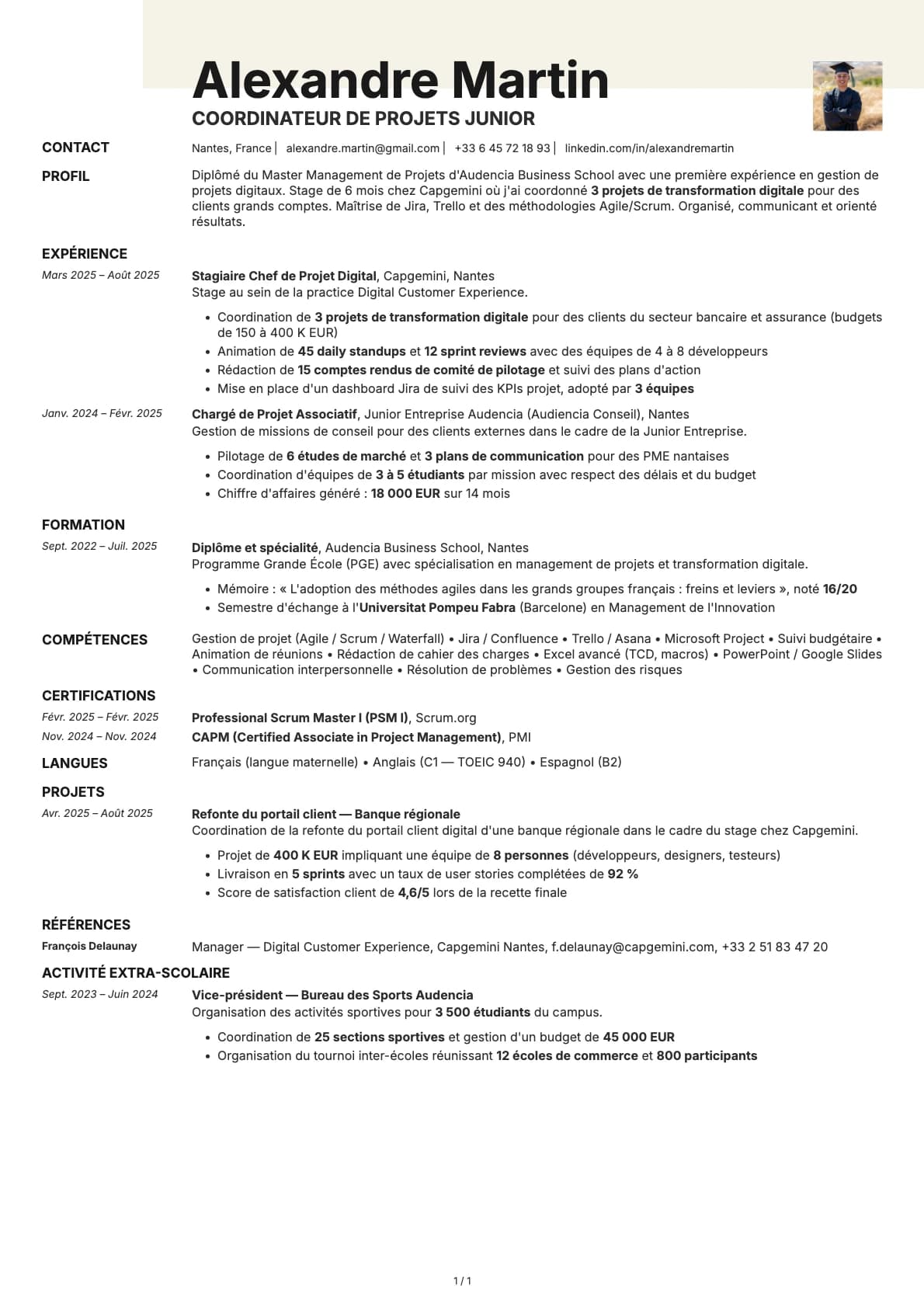 Coordinateur de Projets Junior resume example