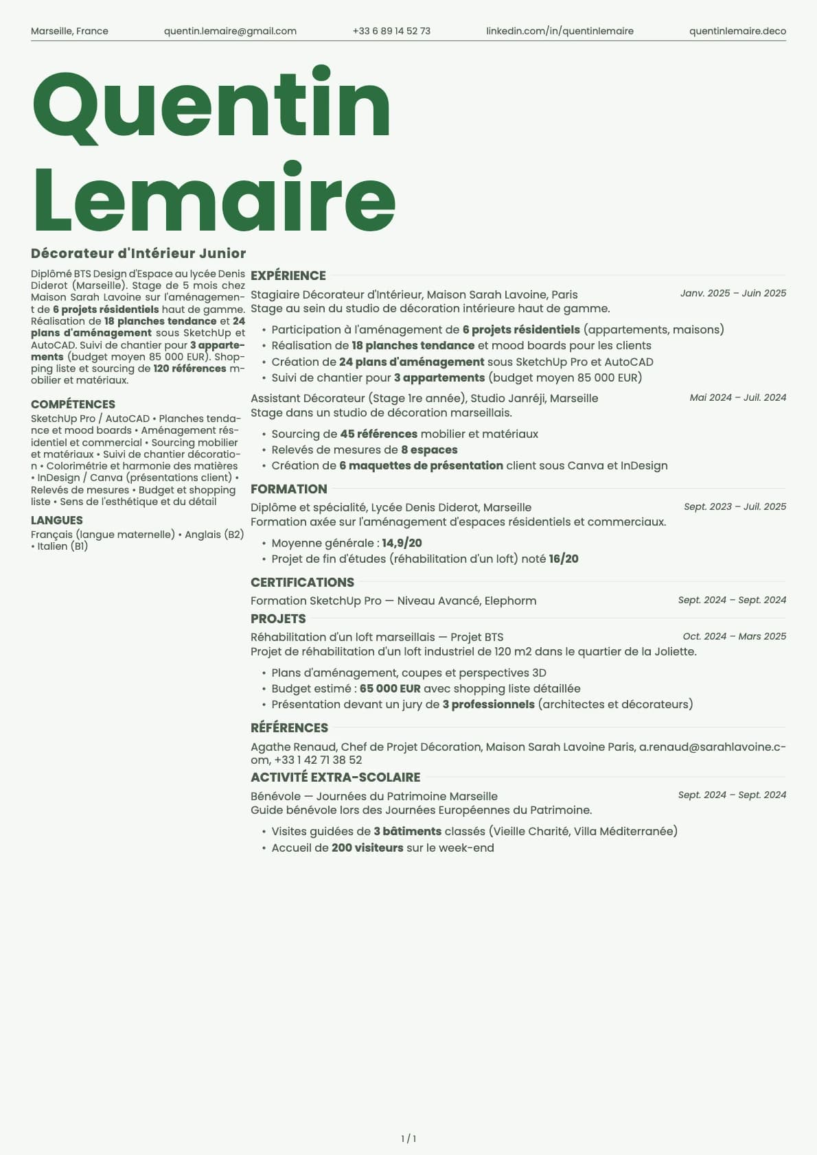 Décorateur d'Intérieur Junior resume example