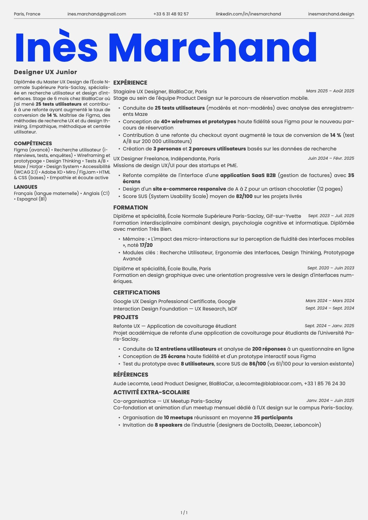 Designer UX Junior resume example