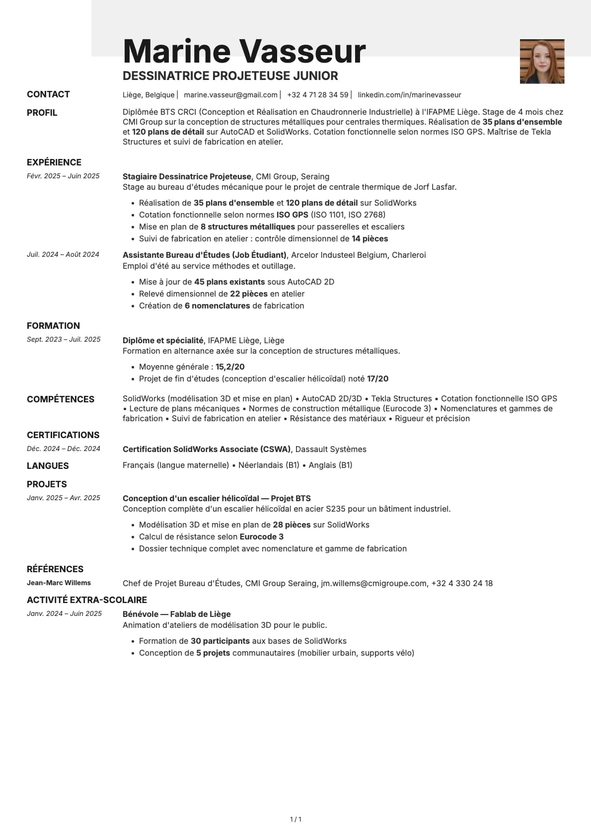 Dessinatrice Projeteuse Junior resume example