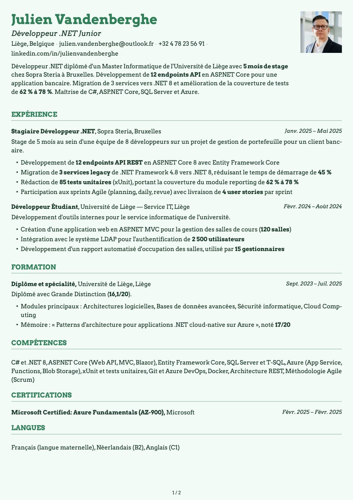Développeur .NET Junior resume example
