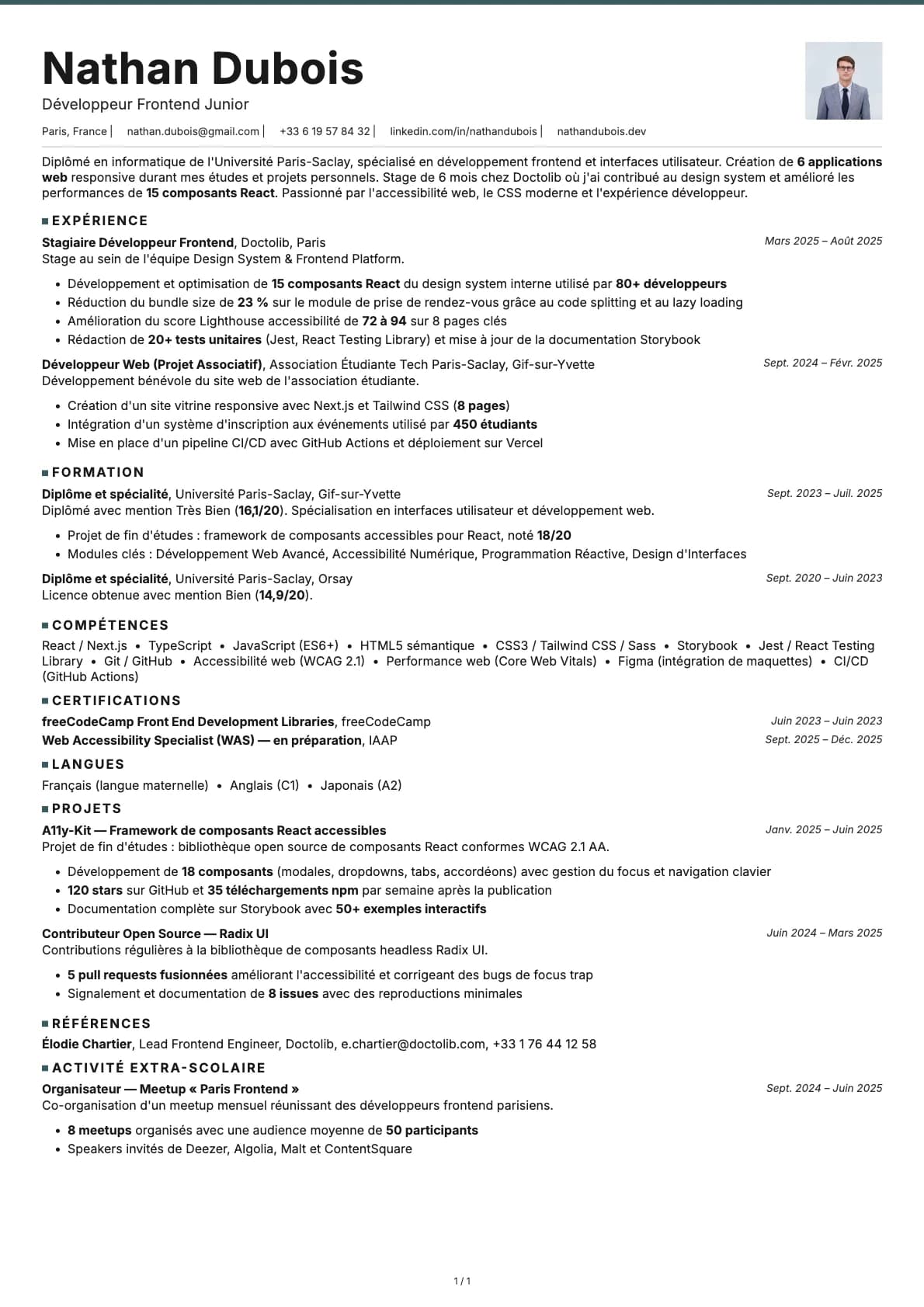Développeur Frontend Junior resume example