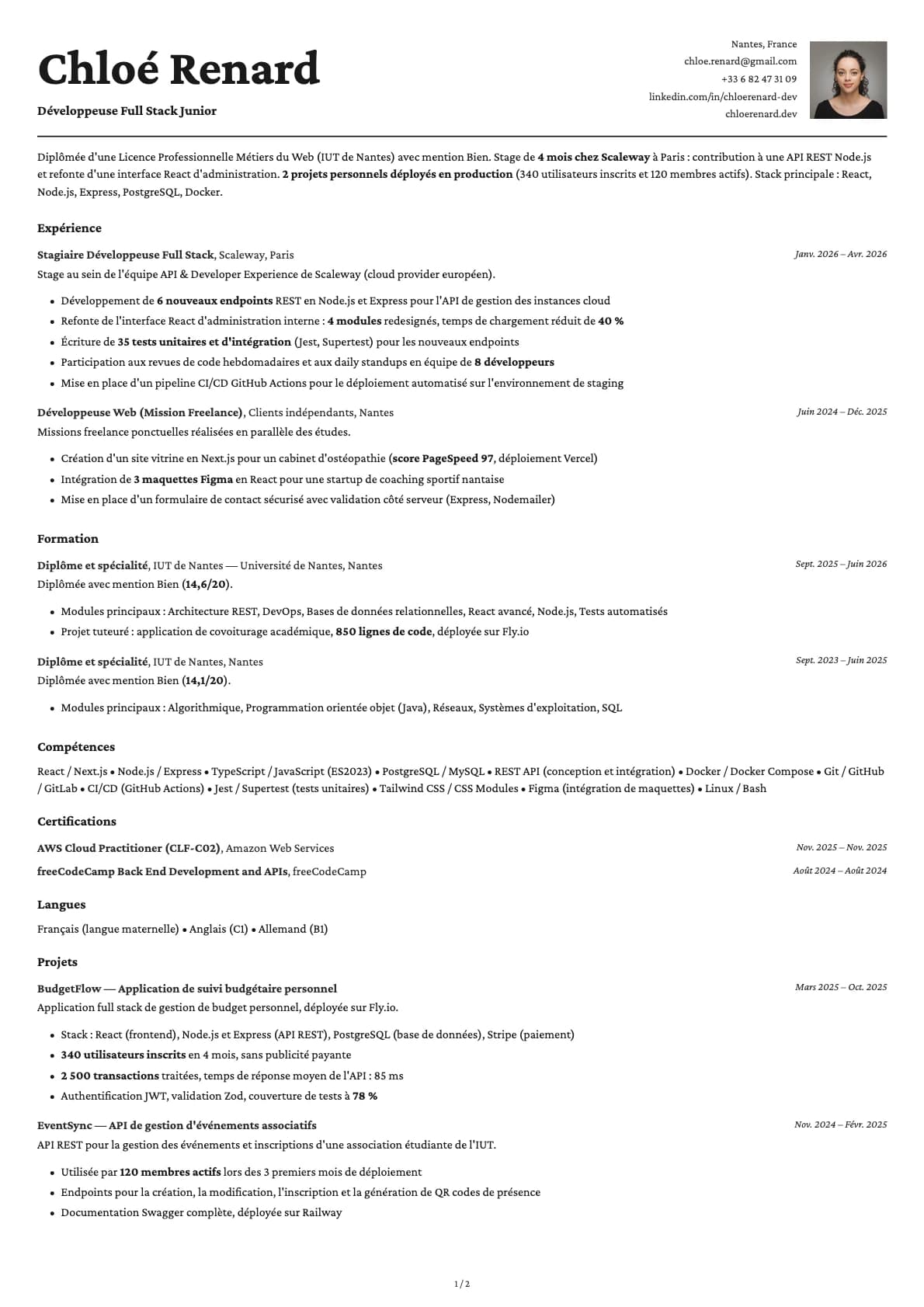 Développeuse Full Stack Junior resume example