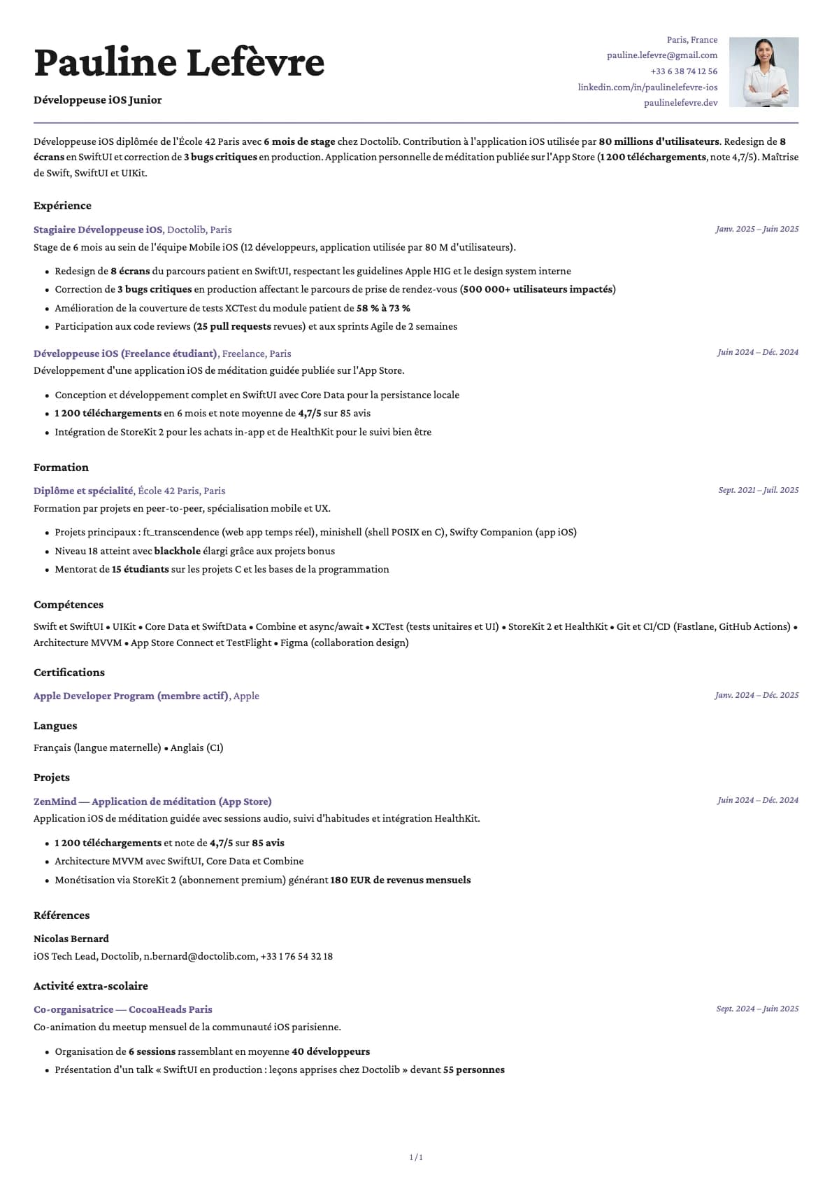 Développeur iOS Junior resume example