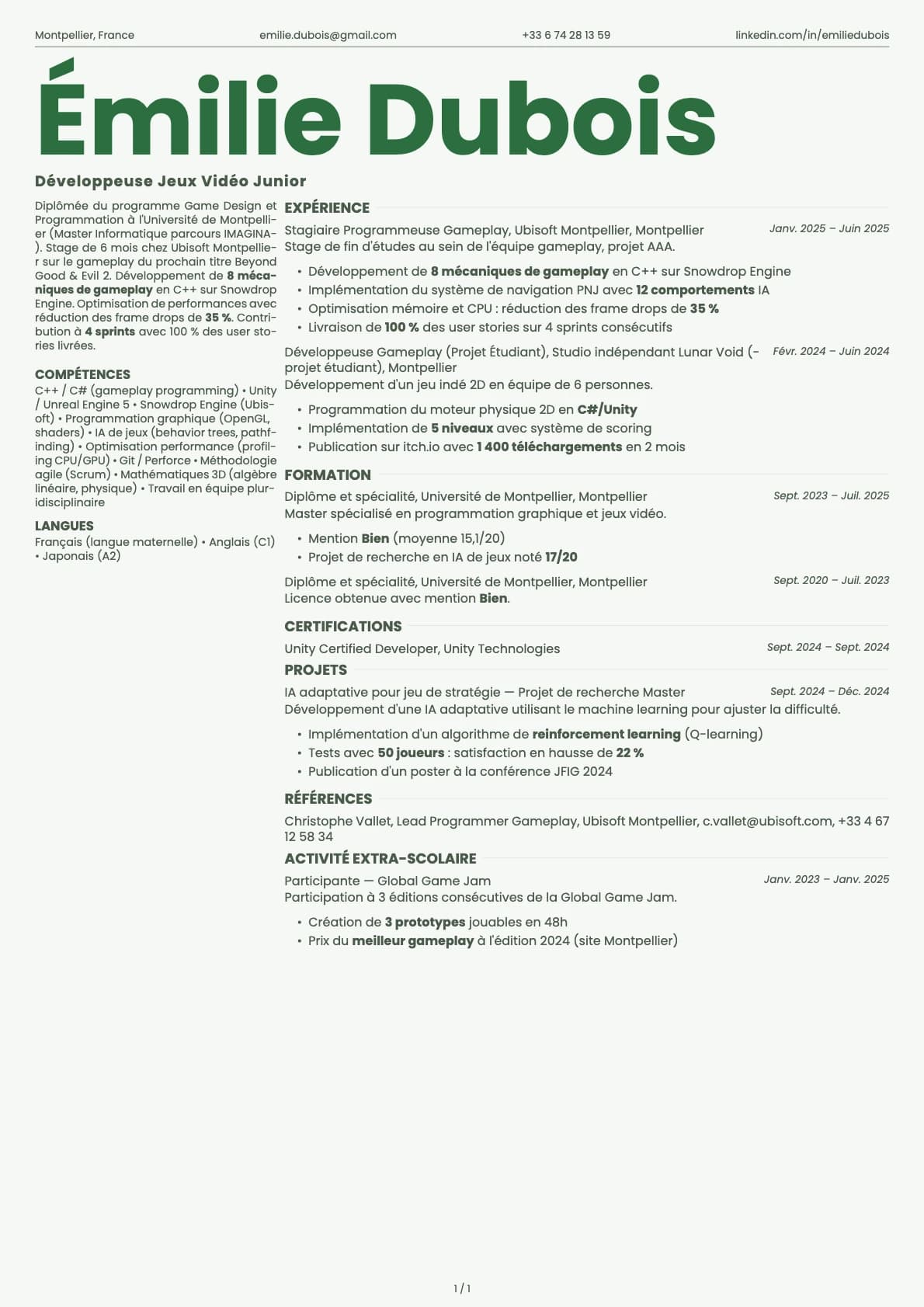 Développeuse Jeux Vidéo Junior resume example