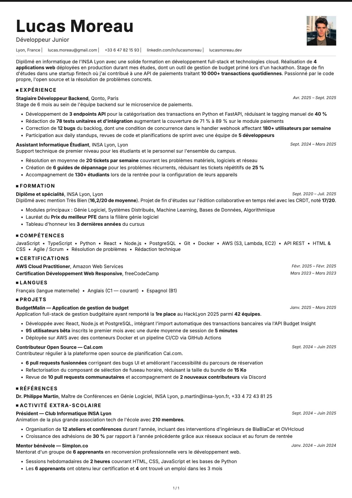 Développeur Junior resume example