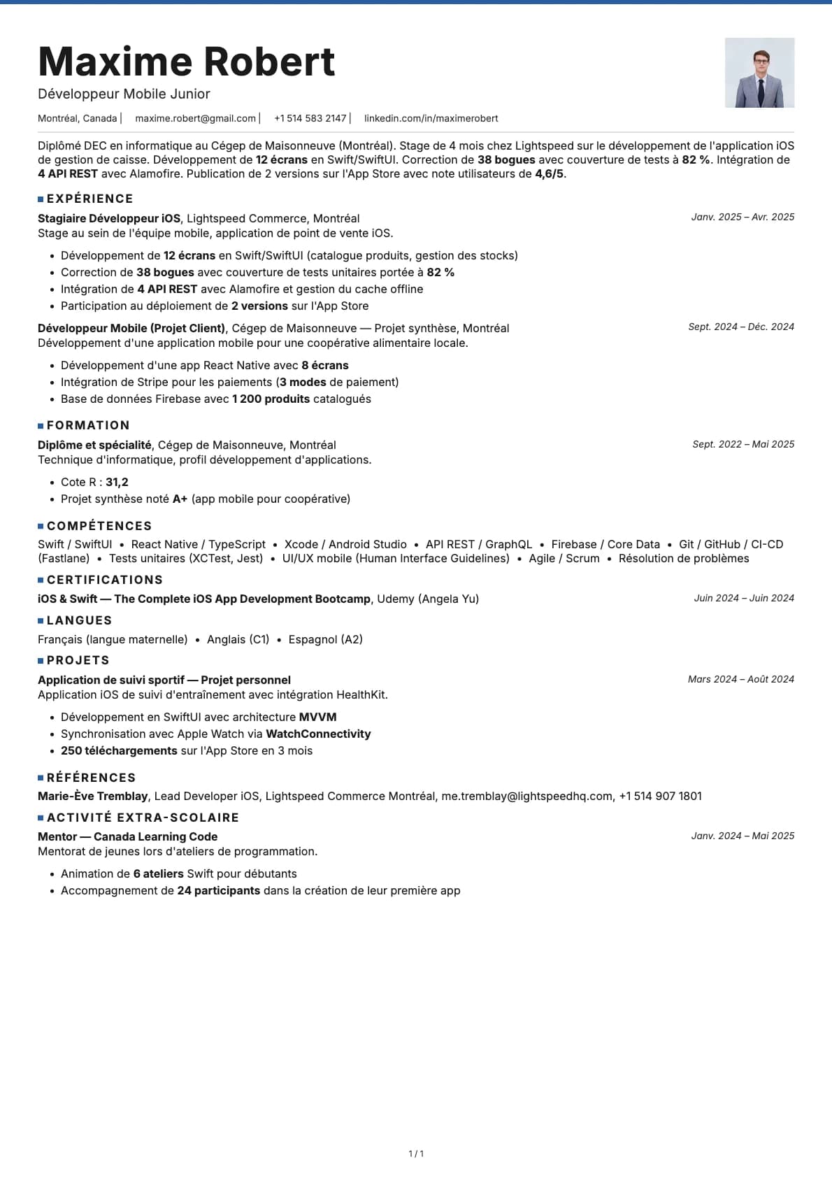 Développeur Mobile Junior resume example