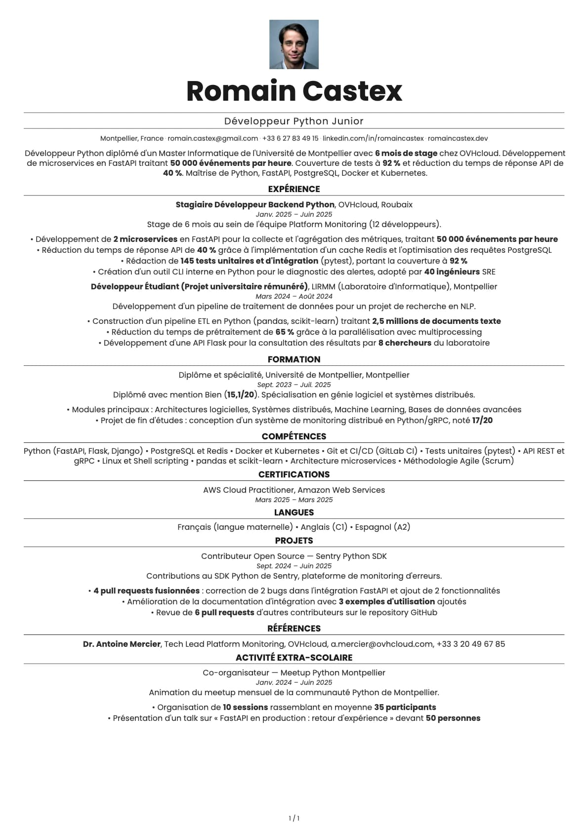 Développeur Python Junior resume example