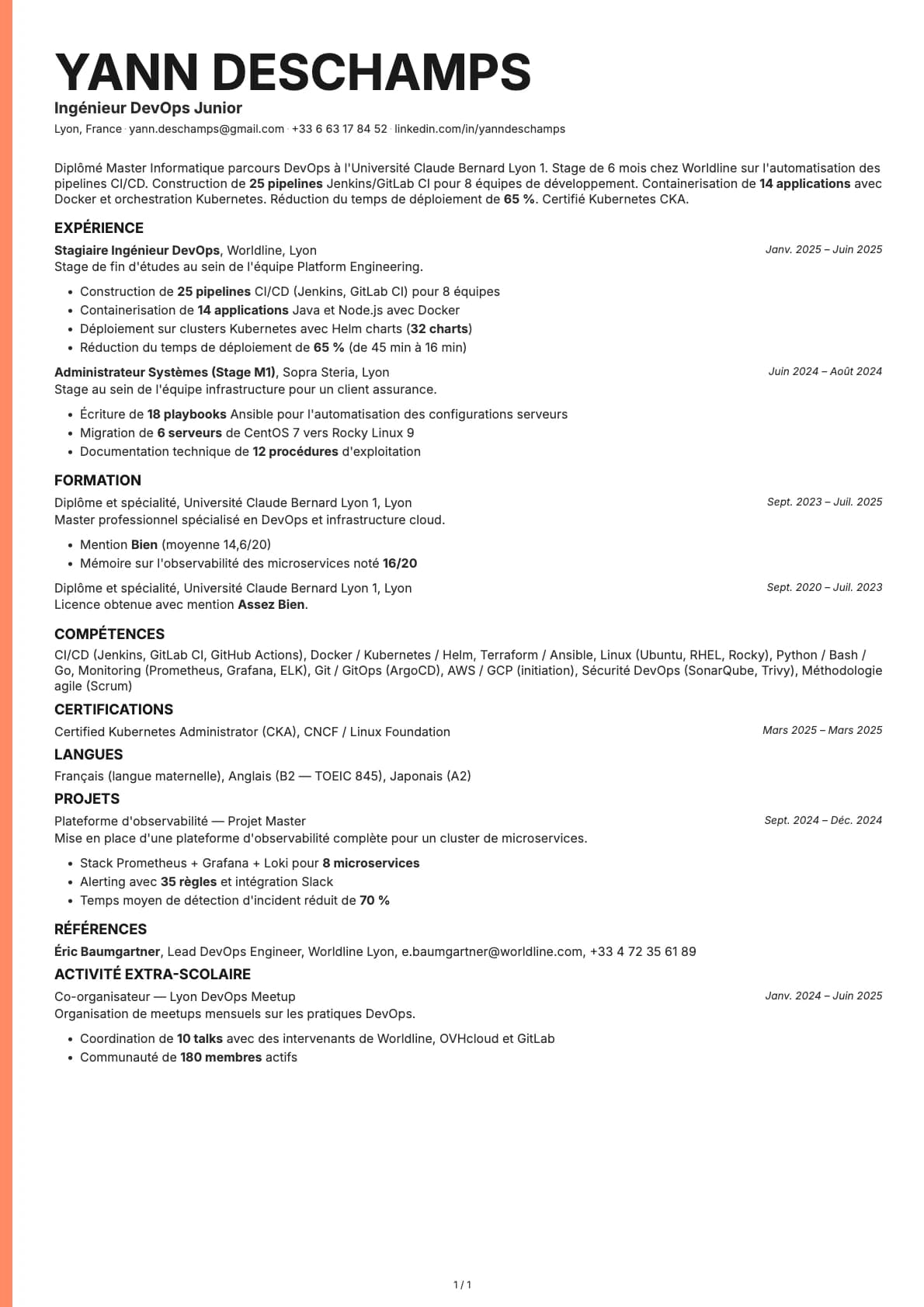 Ingénieur DevOps Junior resume example