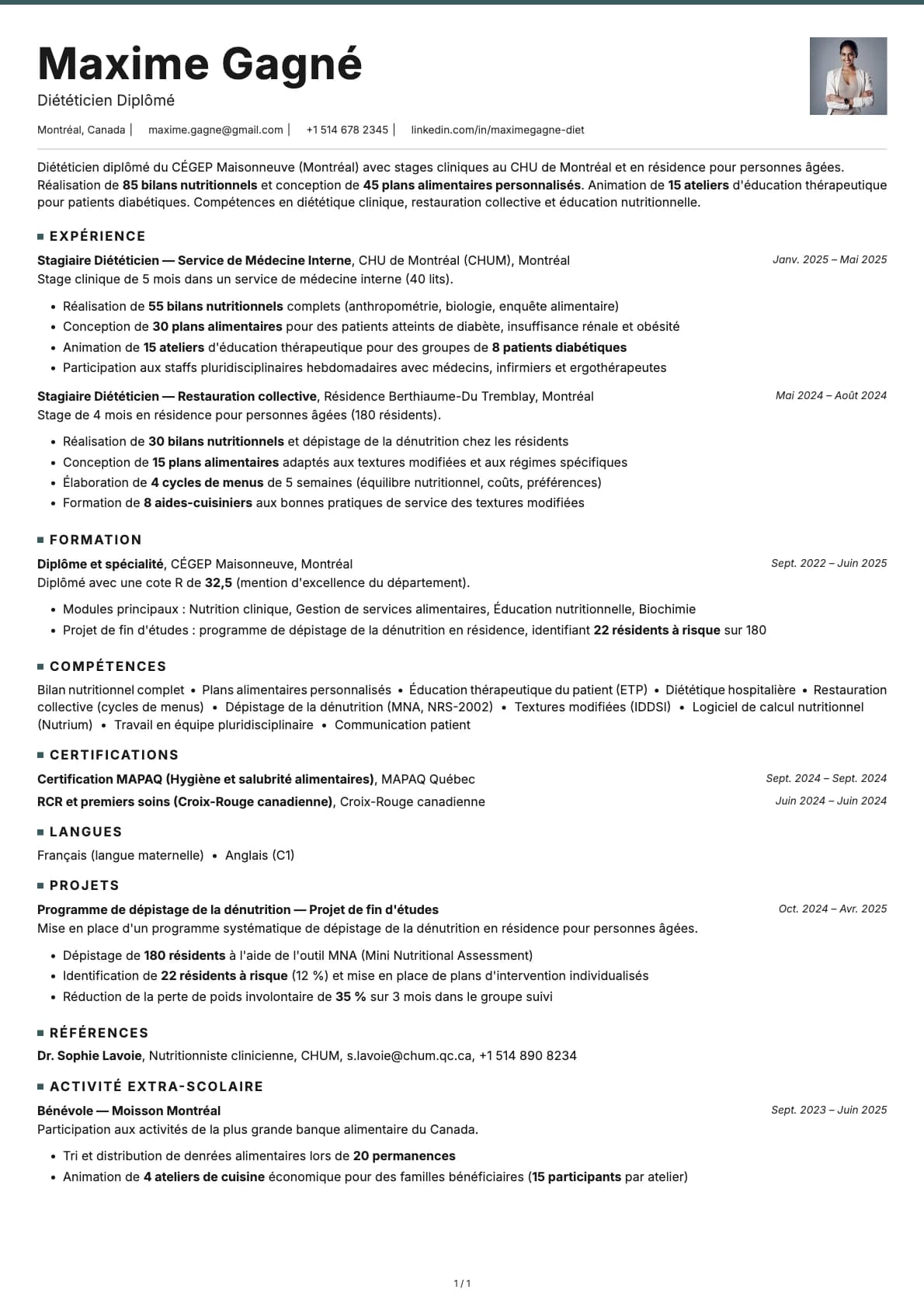 Diététicien Diplômé resume example
