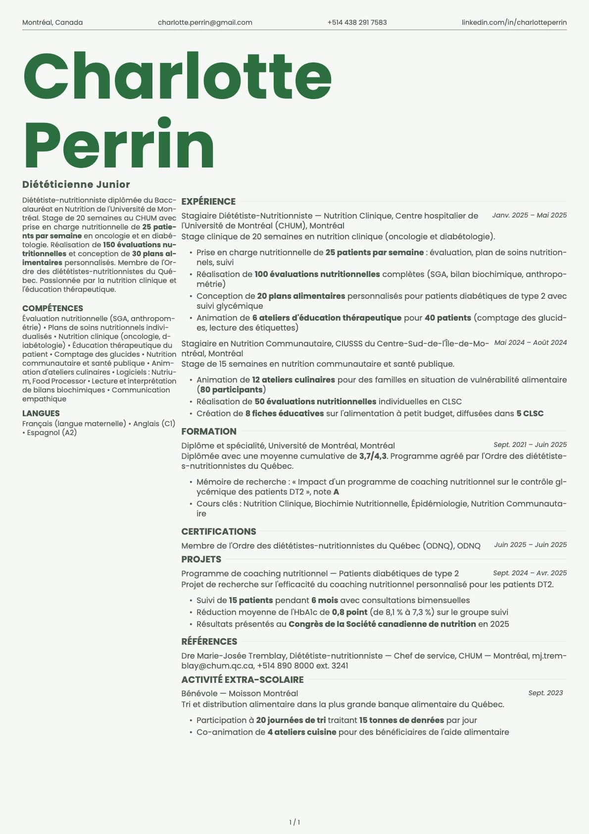 Diététicien Junior resume example