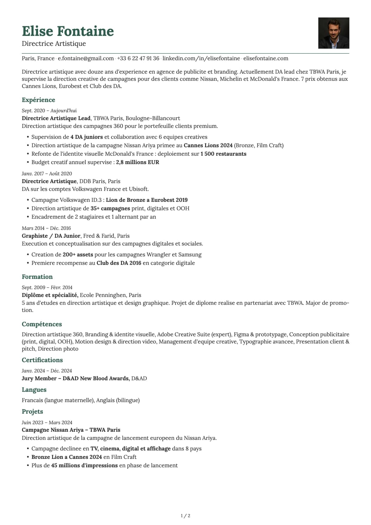 Directeur Artistique resume example