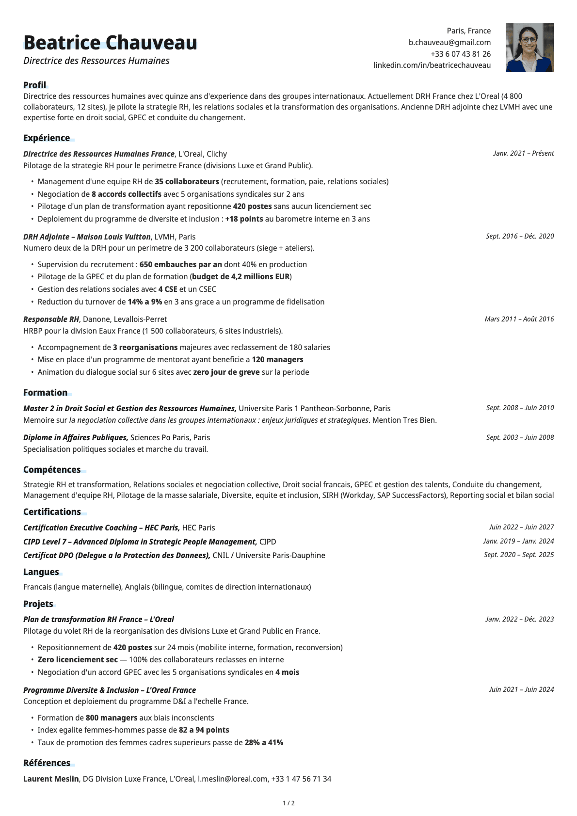 Directeur des Ressources Humaines resume example