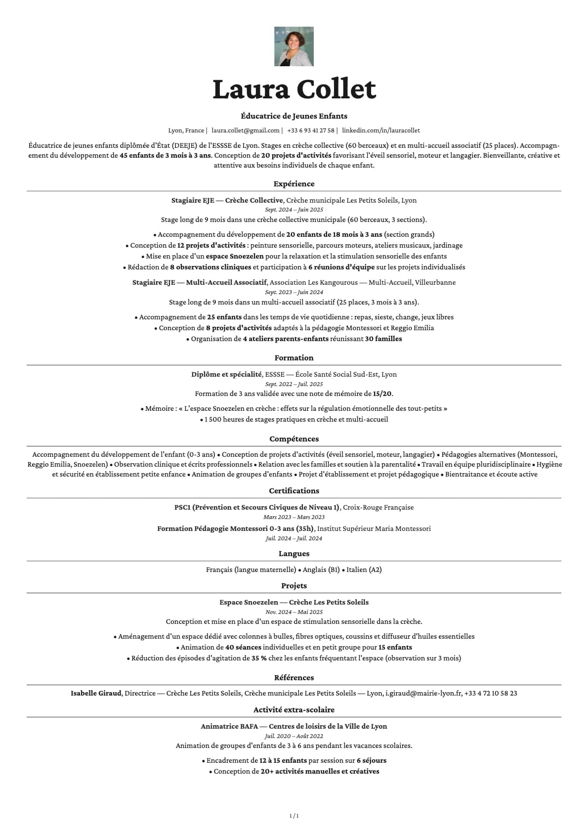 Éducateur de Jeunes Enfants resume example