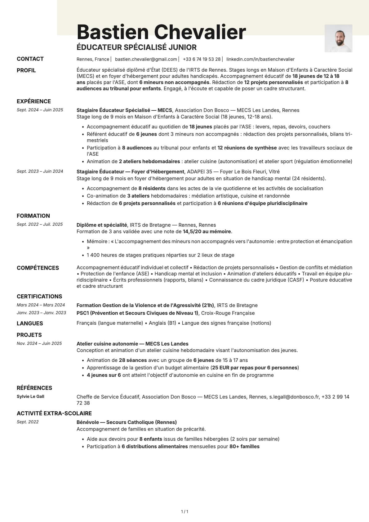 Éducateur Spécialisé Junior resume example