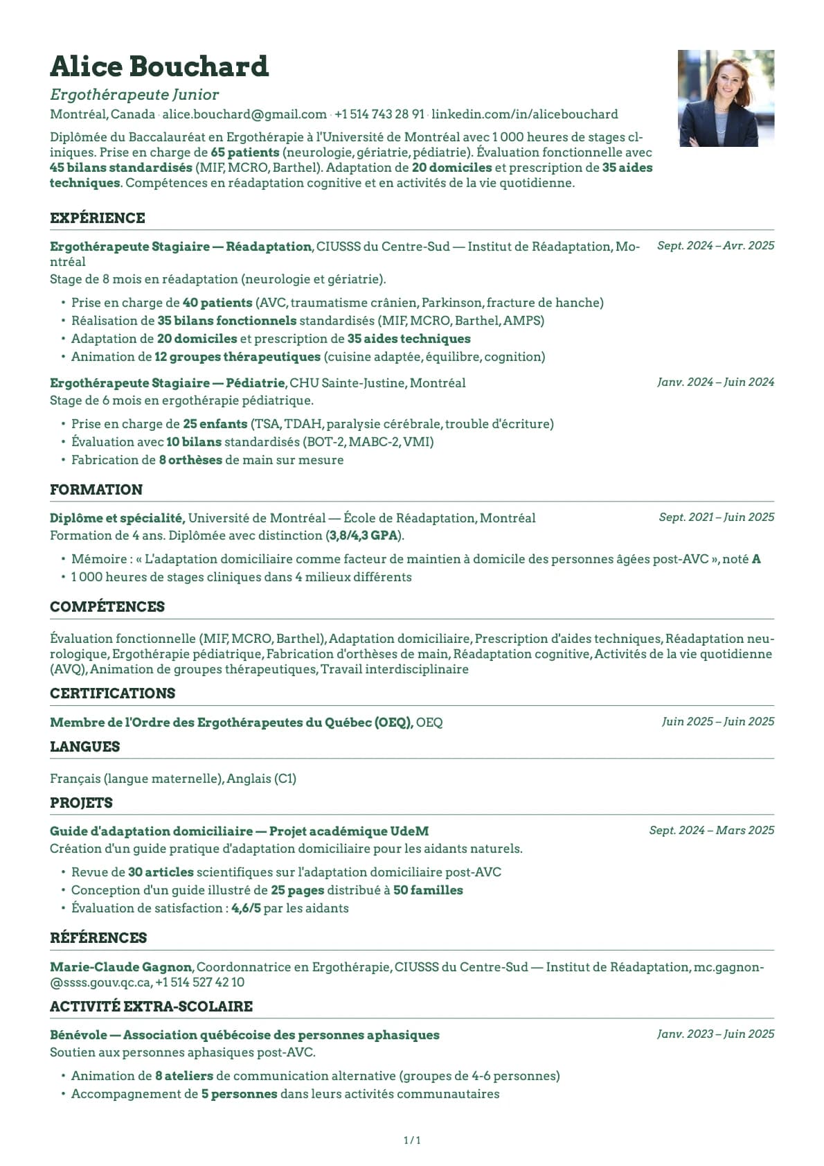 Ergothérapeute Junior resume example