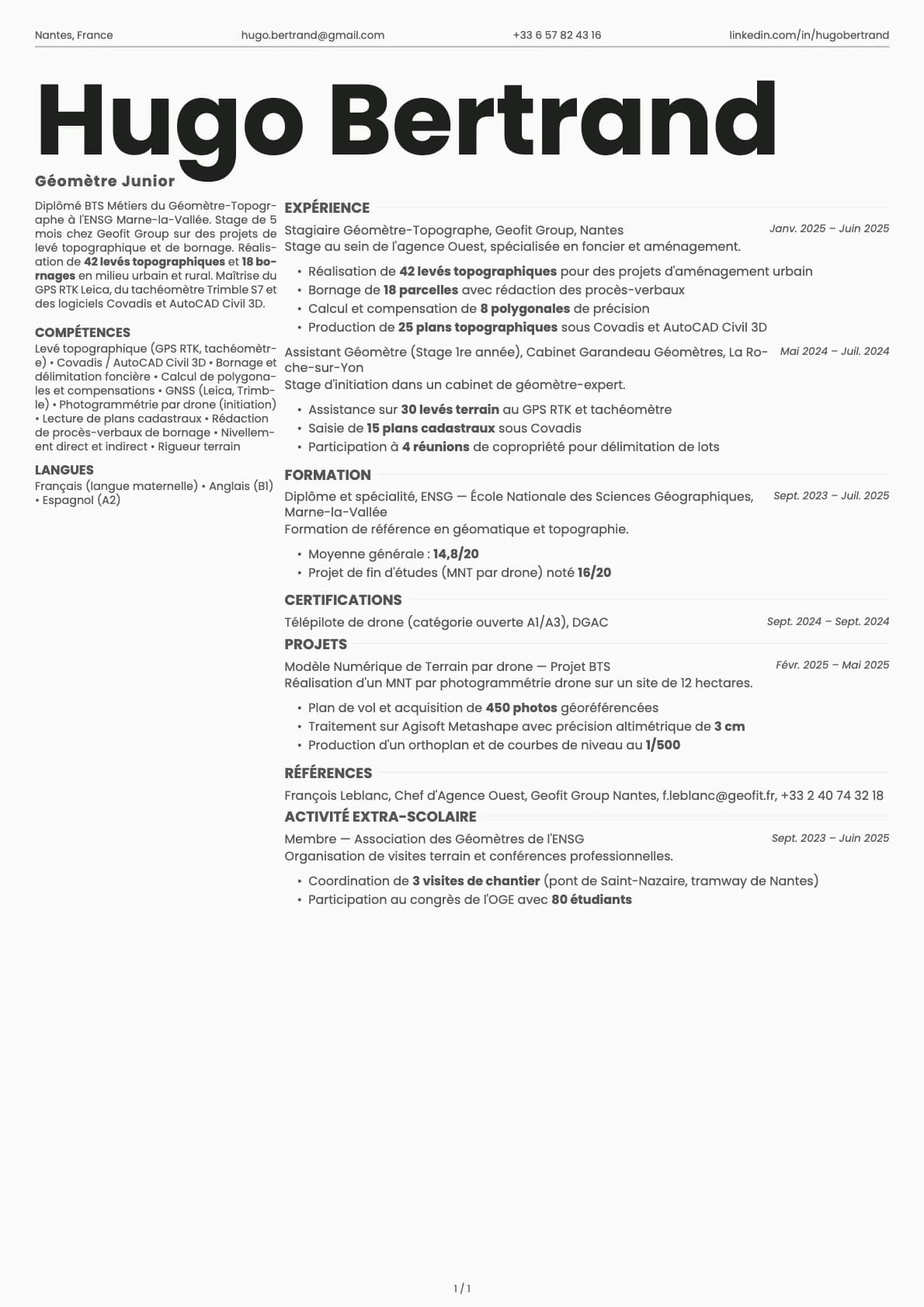 Géomètre Junior resume example