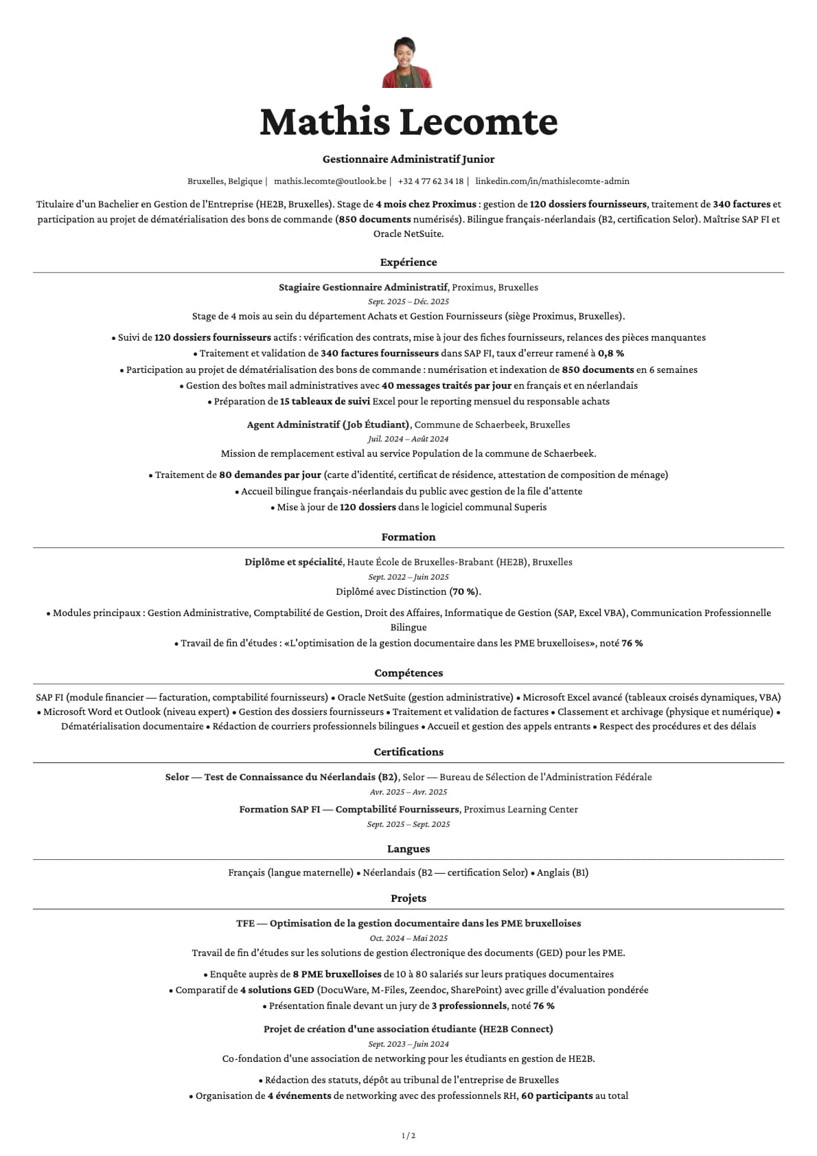 Gestionnaire Administratif Junior resume example