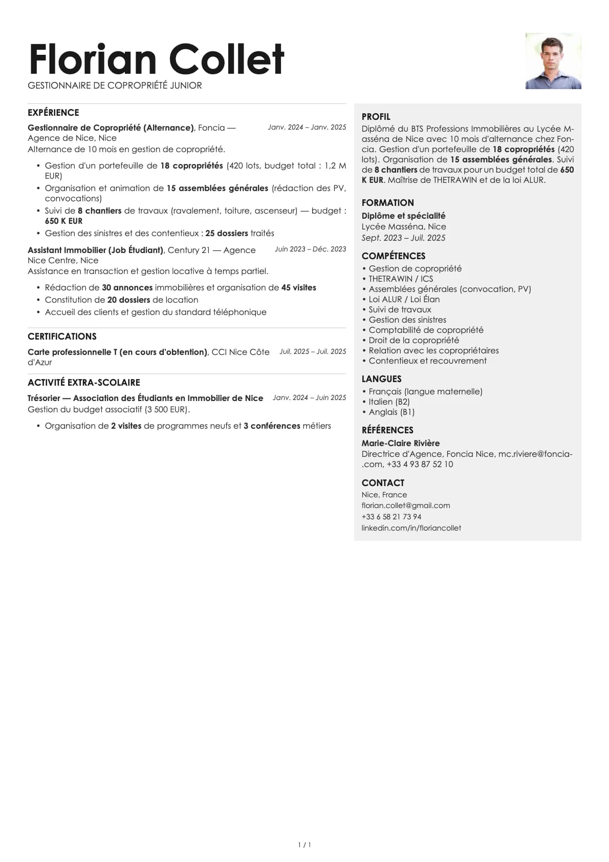 Gestionnaire de Copropriété Junior resume example